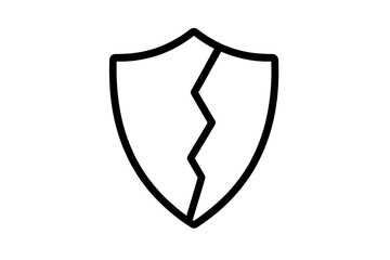 Cracked shield icon. Broken protection and security symbol. Metaphor for vulnerability, risk, data breach, failure, and attack. Weak defense concept. Unsafe and insecure.