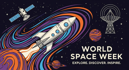Vibrant World Space Week graphic: rocket launching through colorful cosmic trails, with satellite and radio telescope in space