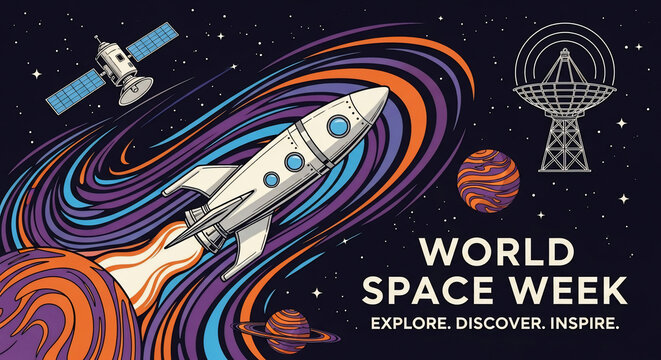 Vibrant World Space Week graphic: rocket launching through colorful cosmic trails, with satellite and radio telescope in space