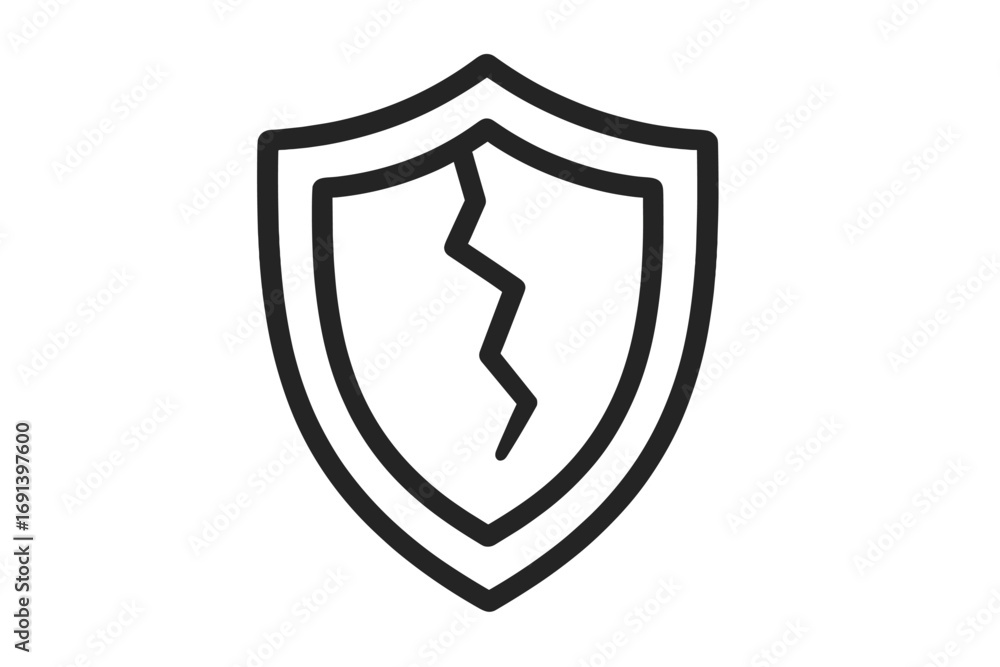 Aufkleber broken shield icon representing vulnerability and failed security. concept of data breach, risk, and