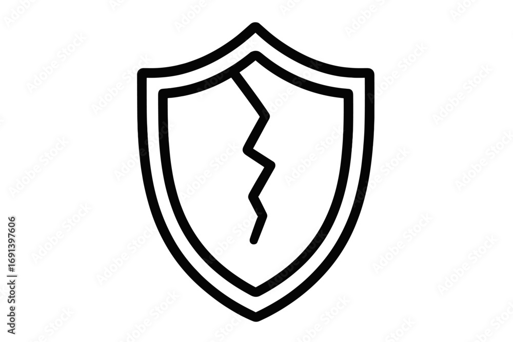 Poster broken shield icon symbolizing vulnerability and failed security. cracked protection sign. vector co