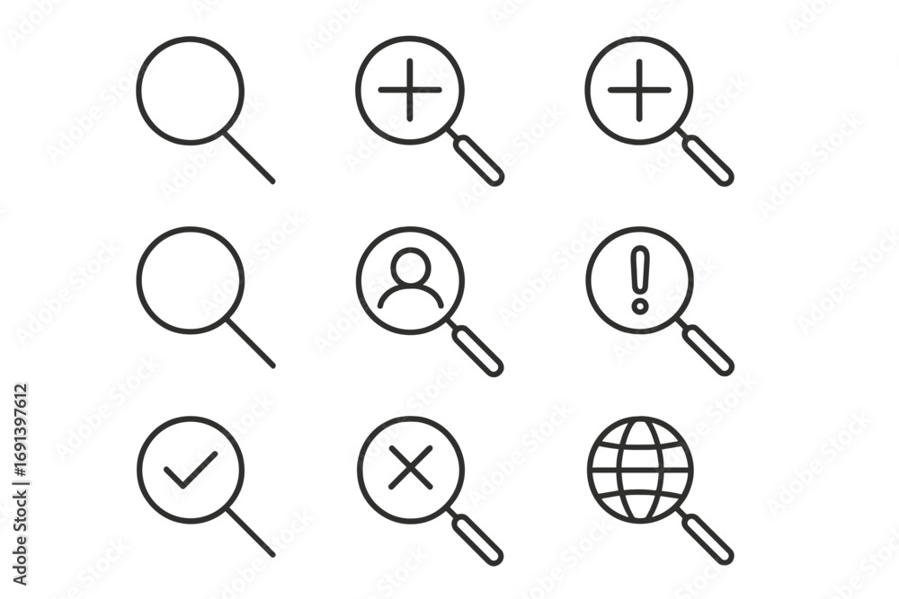 Poster magnifying glass thin line icon set. search, zoom in, find user, and web search outline pictograms. 
