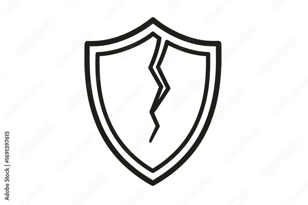 Aufkleber broken shield icon representing vulnerability and risk. cracked guard symbol for concepts of insecur