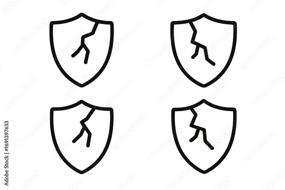 Aufkleber broken shield icon set. cracked guard symbol of vulnerability, risk and security failure. unprotecte