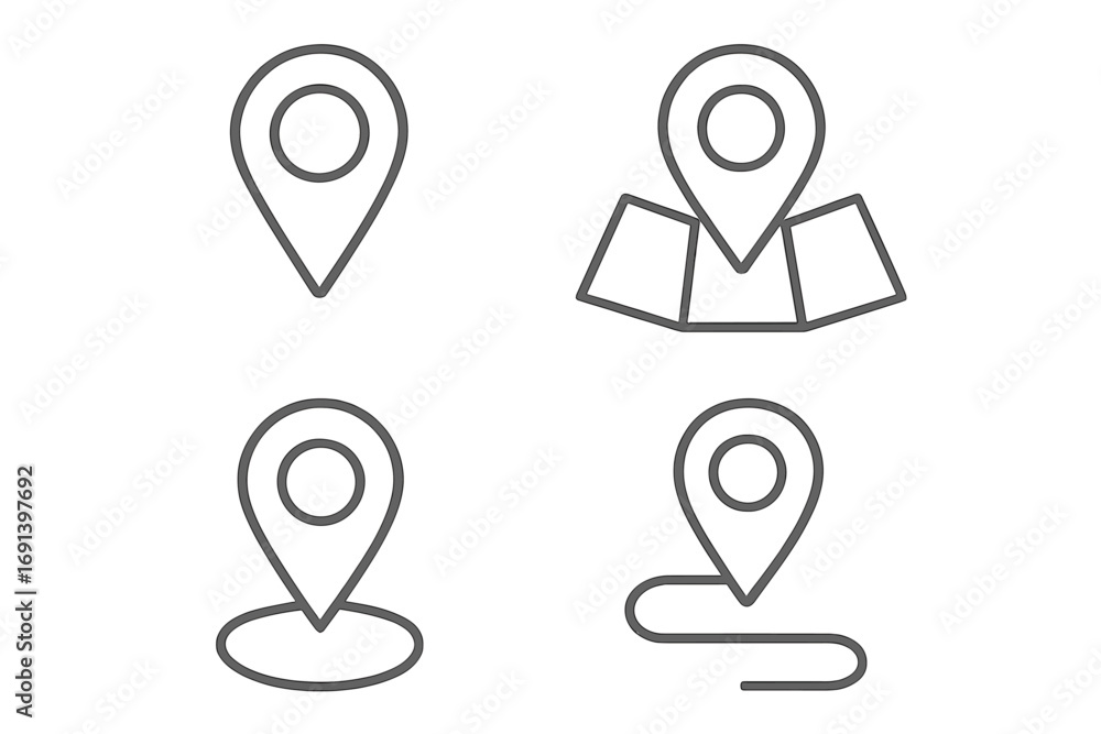 Poster map pin line icon set. location pointer, navigation route, and destination marker symbols. minimalis