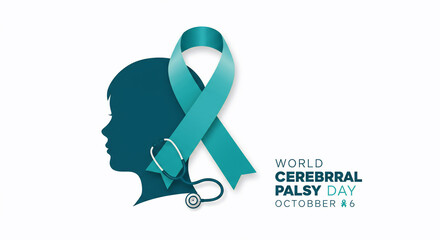 World Cerebral Palsy Day graphic. Teal awareness ribbon, child silhouette, and stethoscope represent support and medical care for people with CP
