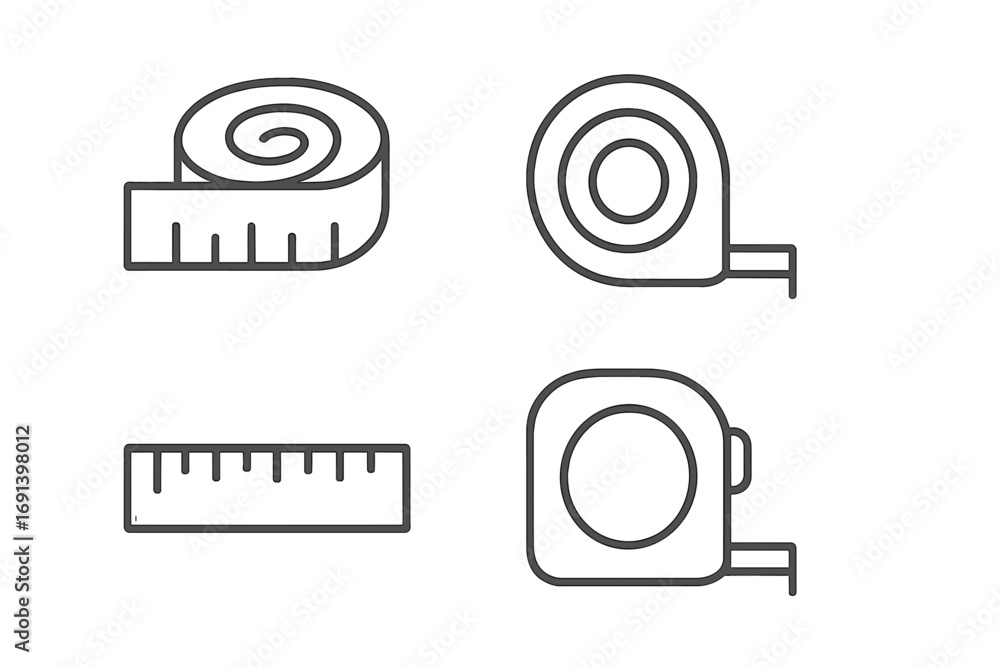 Poster measure tape and ruler line icon set. thin outline vector collection of measurement tools. roulette,