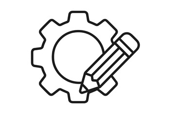 Gear with pencil vector outline icon. Symbol of creative process, development, and engineering. Concept of customization, configuration, and editable settings. Technical drawing.