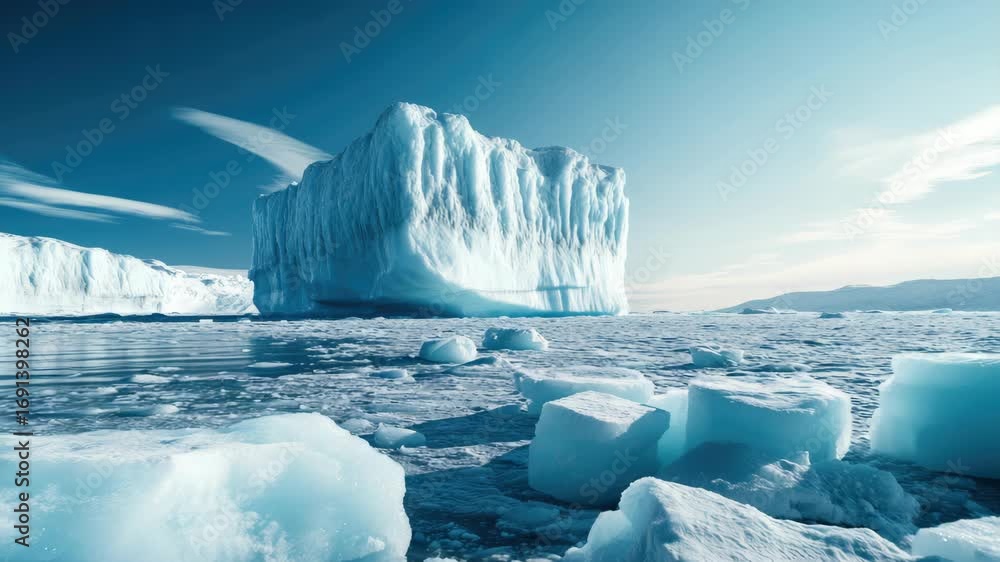 Poster a large ice block is floating in the ocean. there are many small ice blocks scattered around the are