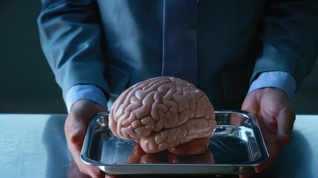 Neurosurgeon holding a human brain on metal tray, inside medical setting.