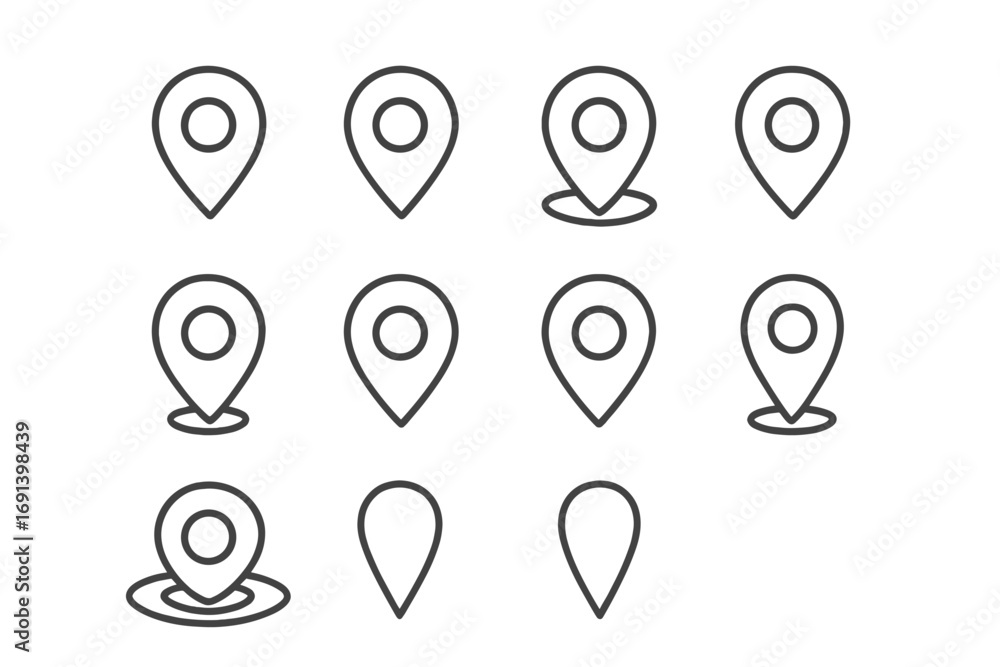 Poster map pin line icon set. location marker and destination pointer symbol collection. minimalist outline