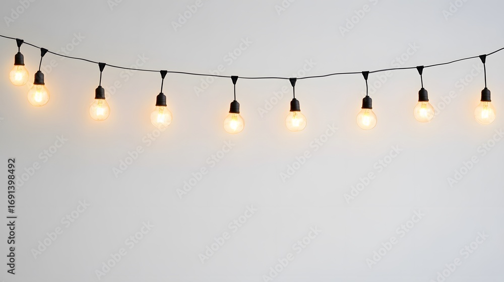 Poster simple string lights strung across a plain light gray wall.