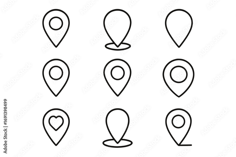Poster map pin line icon collection. location marker set for navigation and destination. gps point symbol. 