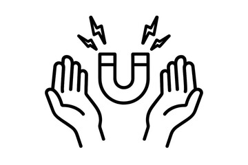 Fototapeta premium Hands with magnet line icon. Customer attraction, lead generation, and inbound marketing concept. Influence, engagement and retention power symbol. Vector graphic illustration.
