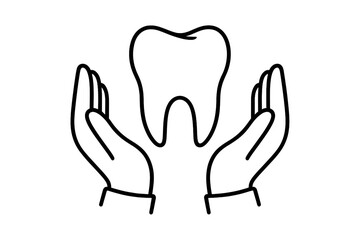 Obraz premium Dental care concept. Hands holding tooth. Oral health icon. Dentistry symbol. Tooth protection and insurance metaphor. Dentist clinic logo. Vector line art illustration.