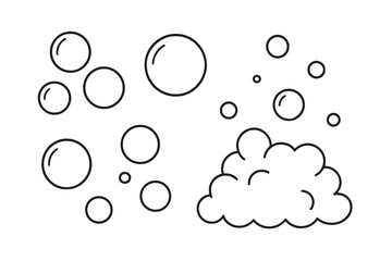 Soap bubbles and foam line icon set. Simple outline vector of bath suds, lather, shampoo. Fizzy drink, sparkling water, soda pop. Clean, wash, laundry concept illustration.
