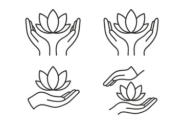 Lotus in hand icon set. Linear logo collection for yoga, spa, beauty salon. Concept of wellness, meditation, cosmetics, skincare. Simple outline symbol. Editable stroke vector.