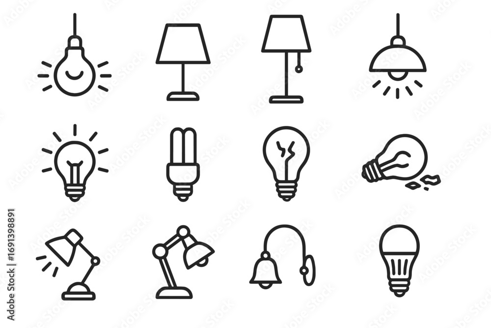 Poster light bulb and lamp line icon set. thin outline vector icons for graphic design, web, and apps. incl