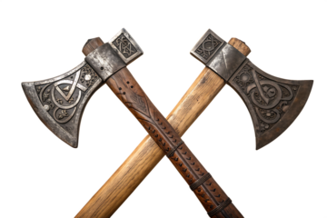 Two old fashioned wooden axes are crossed over each other on AI generated by PNG
