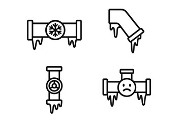 Frozen pipes line icon collection. Winter plumbing problems concept. Burst pipe, ice damage, heating emergency, cold weather vector symbols for web, apps and graphic design.