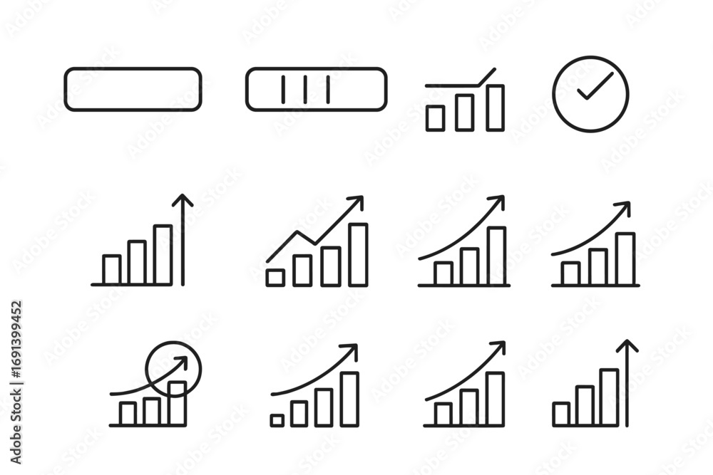Poster growth chart icon set. progress bar, financial graph, and data analytics symbols. business success, 