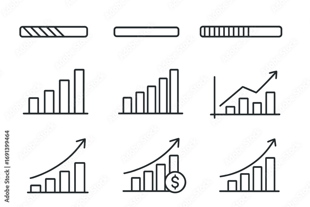 Poster growth chart and progress bar thin line icon set. business success and financial profit concept. dat