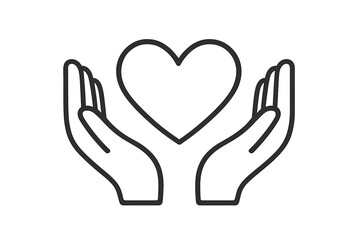 Caring hands holding heart symbol outline. Love, care and support icon. Health and compassion concept, charity, kindness and protection symbol for web and graphic design.