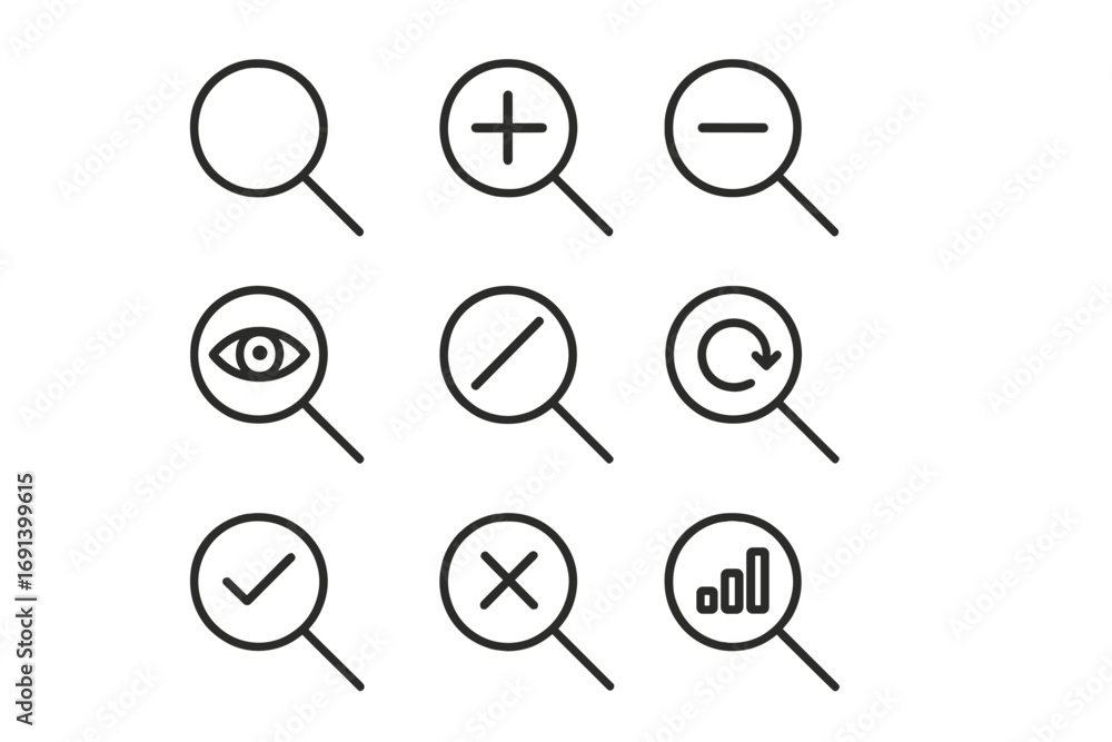 Poster search icon set. magnifying glass with zoom in, out, view, refresh, and data analysis symbols. line 