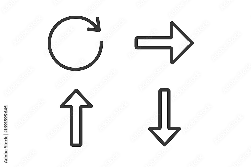 Poster arrow line icon set. up, down, next, and refresh direction signs. simple outline vector symbols for 