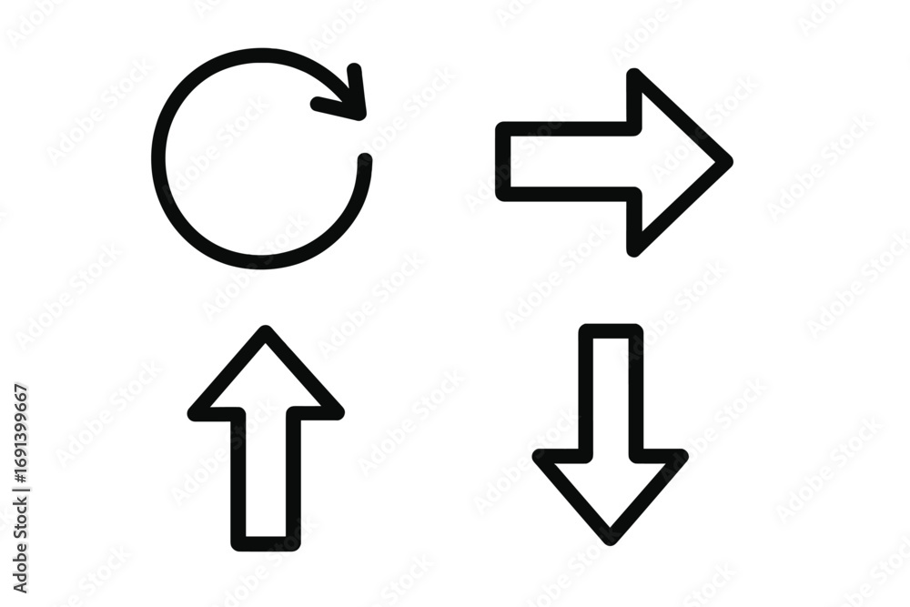 Poster arrow line icon set. up, down, next, and refresh symbols. directional pointers for ui and ux web des