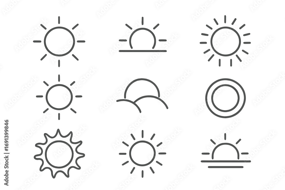 Poster sun line icon set. minimalist outline symbols for weather apps and web design. vector collection of 