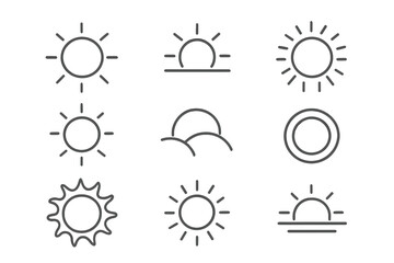Sun line icon set. Minimalist outline symbols for weather apps and web design. Vector collection of sunrise, sunset, and sunshine pictograms with editable stroke for UI/UX.