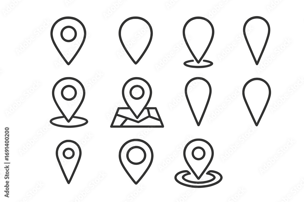 Poster location pin line icon set. map pointer, marker, and destination symbols collection. gps navigation 