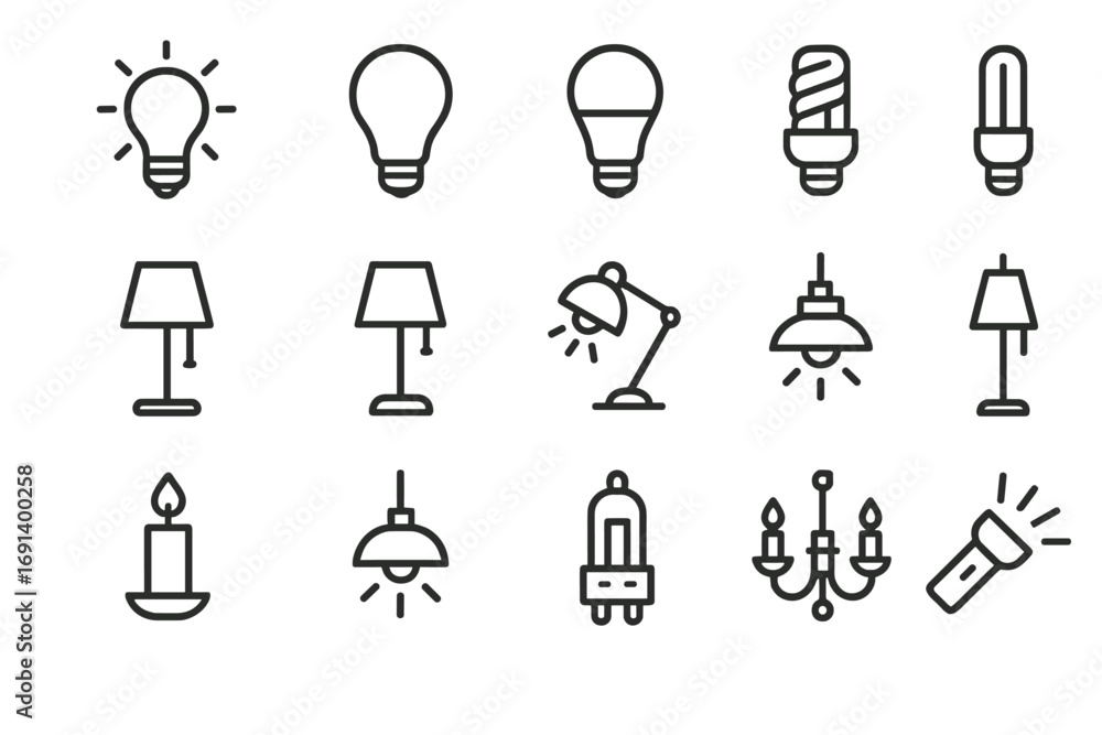 Aufkleber light and lamp thin line icon set. vector symbols for electricity and illumination. includes lightbu