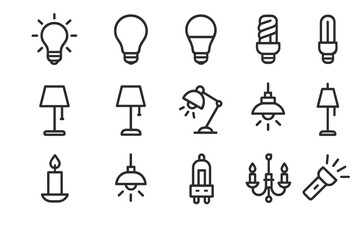 Light and lamp thin line icon set. Vector symbols for electricity and illumination. Includes lightbulb, LED, candle, chandelier, and desk lamp. Editable stroke for web design.