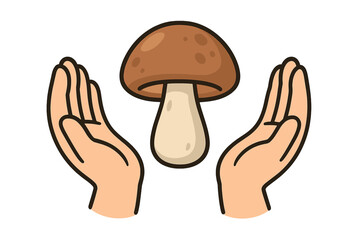 Hands holding mushroom symbol, natural organic concept, eco-friendly, healthy food, vegetarian lifestyle, cartoon style vector illustration with transparent background for apps and graphics