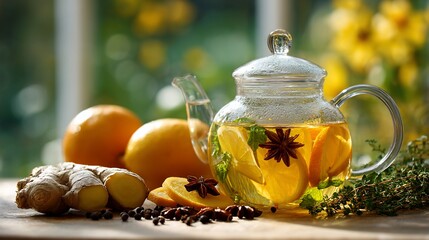 Glass teapot with fruit and ginger; citrus infusion
