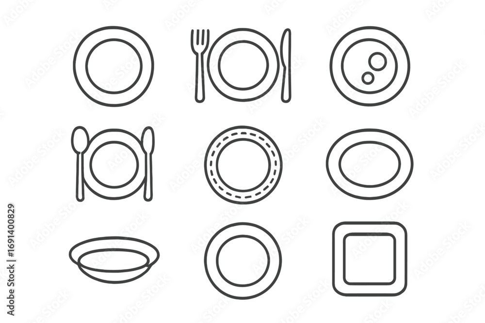Poster plate and cutlery line icon set. simple linear pictograms for web and graphic design. minimalistic s