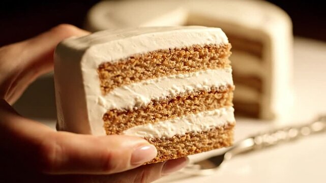 Close up of a hand holding a slice of cake with white frosting and layers near a decorative fork