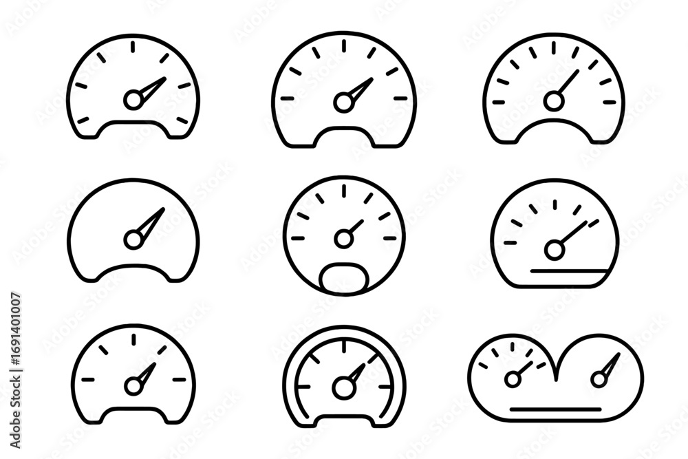 Poster speedometer line icon set. car dashboard gauges for speed and performance. tachometer outline signs 