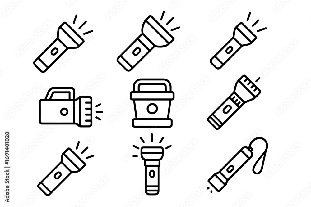 Poster flashlight torch line icon set. vector collection of light, lamp, lantern and searchlight symbols fo