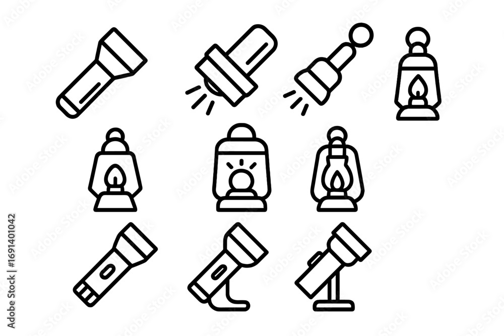 Poster flashlight and lantern line icon set. vector collection of torch, lamp, and portable light symbols f