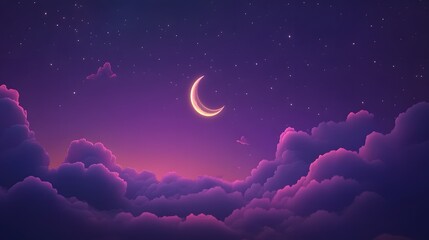 Night sky with crescent moon and clouds in pastel colors.