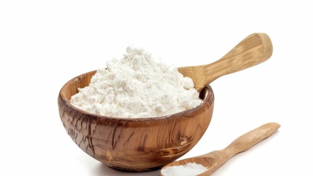 Flour in a wooden bowl with spoon and sifter included.
