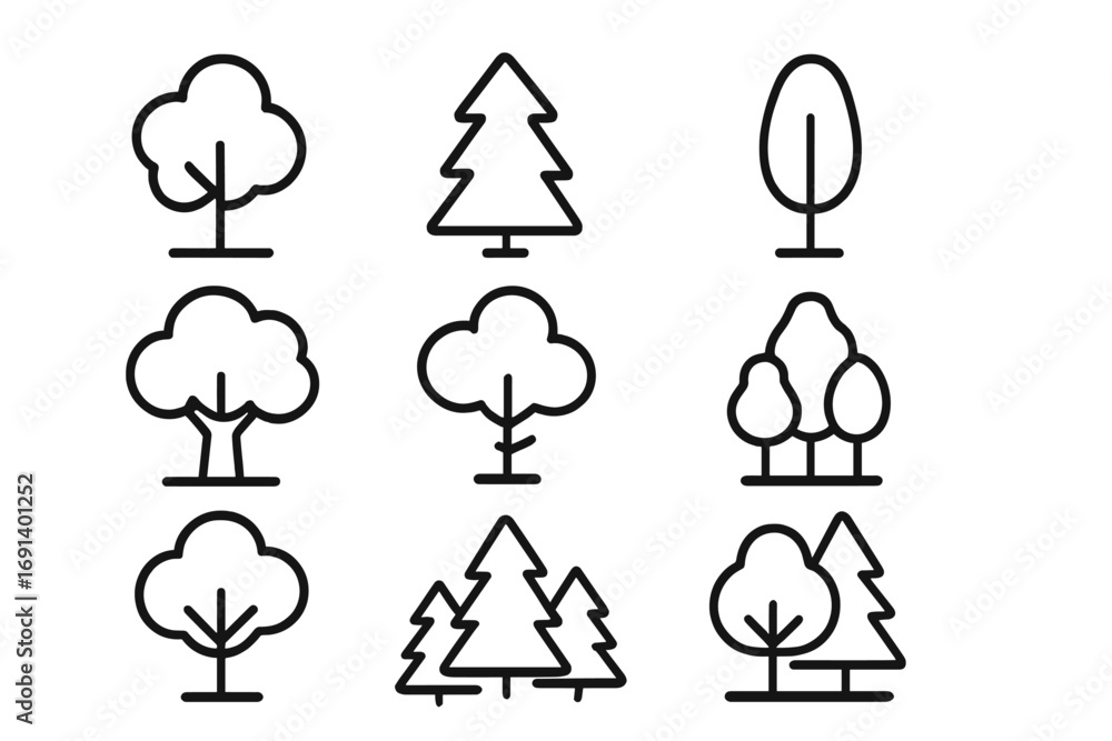 Poster tree and forest line icon collection. set of simple vector outline symbols for nature, park, wood, a