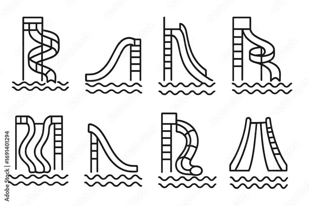 Poster aquapark vector icon set. water slide line icons. summer swimming pool fun and recreation. waterslid