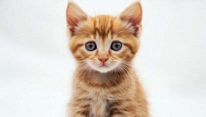 Stunning Brown Kitten Sitting On White Background With Close-Up Of Muzzle: A Gorgeous Feline Portrait In Focus.