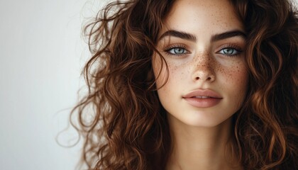 Naklejka premium Portrait Of A Stunning Young Woman With Luxurious Brunette Curly Hair, Showcasing Her Beauty And Elegance In A Striking Image.