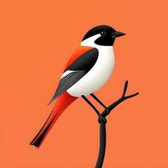 A vibrant and colorful illustration of a bird perched on a branch against a bright orange background.