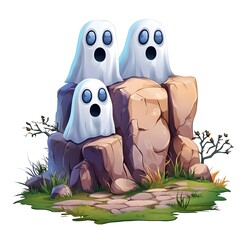 Three cartoon ghosts exclaiming from rocky terrain, embodying fun and spooky themes, perfect for Halloween fun.